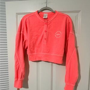 OFFLINE By Aerie Neon Coral Cropped Snap Crewneck Sweatshirt Women’s Size Small